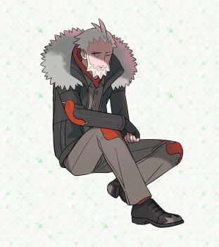 1boy beard black_gloves black_jacket closed_mouth commentary_request facial_hair fingerless_gloves full_body fur-trimmed_jacket fur_trim gloves grey_pants grey_shirt highres hood hoodie jacket long_sleeves looking_at_viewer lysandre_(pokemon) male_focus nintendo official_art one_eye_closed orange_hoodie orange_socks pants patchwork_clothes pokemon pokemon_legends:_z-a shirt shoes socks solo
