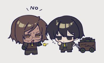 1boy 1girl :< black_jacket brown_eyes brown_hair cart chibi closed_mouth commentary_request dark-skinned_female dark_skin full_body glasses highres jacket limbus_company nantekottawo!! outis_(project_moon) project_moon seven_association_south_uniform simple_background white_background yi_sang_(project_moon)