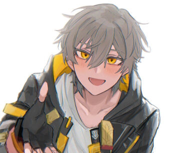 1boy black_gloves caelus_(honkai:_star_rail) chihaze_mizu59 collarbone commentary_request fingerless_gloves gloves grey_hair hair_between_eyes honkai:_star_rail honkai_(series) open_mouth reaching reaching_towards_viewer shirt short_hair smile solo trailblazer_(honkai:_star_rail) upper_body white_background white_shirt yellow_eyes