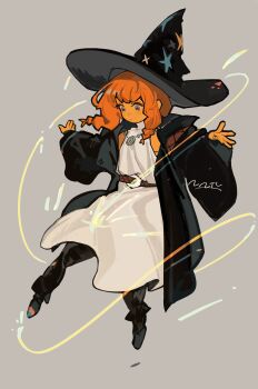 1girl absurdres artist_name belt belt_buckle black_hat black_pants black_robe black_shoes braid braided_sidelocks brown_belt buckle closed_mouth colored_skin commentary crescent dress floating floating_hair full_body grey_background hat high_heels highres jewelry light_trail long_hair long_sleeves looking_down low_twin_braids magic nanora necklace open_clothes open_robe orange_hair orange_skin original outstretched_arms pants print_hat purple_eyes robe shoes sidelocks signature simple_background sleeveless sleeveless_dress solo spread_arms star_(symbol) star_print turtleneck turtleneck_dress twin_braids white_dress wide_brim wide_sleeves witch witch_hat