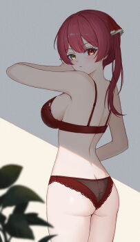 0_albusart 1girl absurdres ass bra breasts butt_crack commentary from_behind hair_ribbon heterochromia highres hololive houshou_marine lace lace-trimmed_bra lace-trimmed_panties lace_trim large_breasts leaf lingerie long_hair looking_at_viewer looking_back median_furrow panties parted_lips red_bra red_eyes red_hair red_panties red_ribbon ribbon sideboob solo standing twintails underwear underwear_only virtual_youtuber yellow_eyes