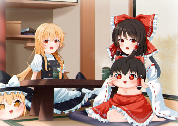 +_+ 2girls absurdres apron blonde_hair blush book bow braid brown_hair chabudai commentary_request cup detached_sleeves frilled_bow frilled_hair_tubes frilled_skirt frilled_sleeves frills hair_bow hair_tubes hakurei_reimu hat hat_bow highres indoors kirisame_marisa long_hair looking_at_viewer midriff multiple_girls navel no_headwear open_mouth orange_eyes red_bow red_eyes red_skirt rense_1010_(number_nanashi) ribbon-trimmed_sleeves ribbon_trim side_braid single_braid sitting skirt skirt_set smile steam table tatami touhou unworn_headwear waist_apron white_bow witch_hat yukkuri_shiteitte_ne yunomi