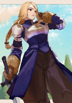 1girl absurdres agrias_oaks armor black_eyes black_pants blonde_hair blue_dress blue_sky blurry blurry_background braid braided_ponytail breastplate brown_gloves day dress final_fantasy final_fantasy_tactics gloves hand_in_own_hair highres holding holding_sword holding_weapon kagematsuri knight lips long_hair long_sleeves outdoors pants shoulder_armor sky solo standing sword tree weapon