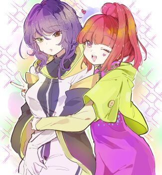 2girls blunt_bangs earrings gina_(gnosia) gloves gnosia hair_between_eyes heart heart_earrings heterochromia high_ponytail highres hood hoodie jewelry long_hair long_sleeves looking_at_viewer medium_hair multiple_girls ponytail purple_hair red_hair simple_background smile solo spikumin2 sq_(gnosia) tattoo upper_body wavy_hair