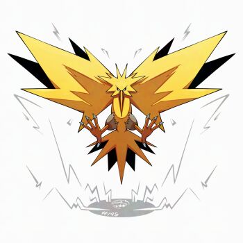 beak bird flying full_body gen_1_pokemon legendary_pokemon looking_at_viewer mistray-art nintendo no_humans numbered pokemon pokemon_(creature) signature simple_background solo white_background zapdos
