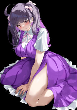 1girl absurdres ahoge black_background blush breasts carskey1120 chofu_noriko dress embarrassed frown hair_ribbon hashtag-only_commentary highres ikizulive!_love_live!_bluebird large_breasts long_hair looking_at_viewer love_live! purple_dress purple_eyes purple_hair ribbon shirt sitting solo striped_clothes thighs twintails vertical-striped_clothes what_is_my_life?_(love_live!) white_shirt