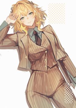 1girl absurdres aglaea_(honkai:_star_rail) alternate_costume blonde_hair bob_cut buttons coat commentary english_commentary flower formal_clothes green_eyes hair_flower hair_ornament highres honkai:_star_rail honkai_(series) laurel_crown necktie open_clothes open_coat pants polka_dot shirt smile solo suit tomodurien vest