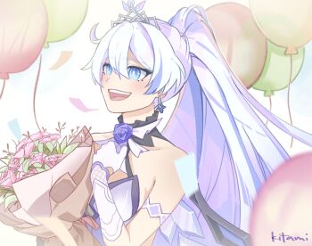 1girl artist_name balloon bare_shoulders blue_eyes bouquet breasts commentary dress earrings english_commentary flower holding holding_bouquet honkai_(series) honkai_impact_3rd jewelry kiana_kaslana kiana_kaslana_(herrscher_of_flamescion) kiana_kaslana_(time_runner) kitamiteo large_breasts long_hair official_alternate_costume open_mouth ponytail smile solo tiara very_long_hair white_dress white_hair