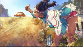 1girl black_hair bottle capcom dark-skinned_female dark_skin denim denim_shorts female_focus lily_hawk native_american official_art outdoors pink_shorts short_shorts shorts solo street_fighter street_fighter_6 water_bottle