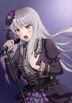 1girl bang_dream! black_dress blush dress feet_out_of_frame goroekakiya grey_hair highres long_hair microphone minato_yukina open_mouth simple_background solo standing teeth upper_teeth_only yellow_eyes