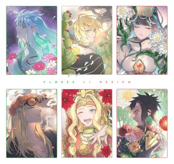3boys 3girls bird black_bodysuit black_cloak black_hair black_jacket blonde_hair blue_hair bodysuit breasts brown_eyes cactus chin_piercing cloak colored_inner_hair eyeliner face_piercing fate/grand_order fate_(series) feathers flower fur-trimmed_cloak fur_trim gloves green_eyes green_hair headband headdress high_ponytail highres izcalli_(fate) jacket jewelry juliet_sleeves kukulkan_(fate) kukulkan_(second_ascension)_(fate) large_breasts leotard long_hair long_sleeves looking_at_viewer makeup multicolored_hair multiple_boys multiple_girls neck_ring necklace nezunomori parted_bangs piercing poncho ponytail puffy_sleeves quetzalcoatl_(fate) scar short_hair shrug_(clothing) sidelocks small_breasts sunglasses tassel tenochtitlan_(fate) tenochtitlan_(third_ascension)_(fate) tezcatlipoca_(fate) tezcatlipoca_(first_ascension)_(fate) tezcatlipoca_(young)_(fate) white_gloves white_hair white_leotard white_shrug