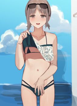 1boy bikini blue_sky blush brown_eyes brown_hair bulge clothes_lift collarbone commentary cowboy_shot cropped_shirt crossdressing crossdressing_(mtf) dot_nose eyewear_on_head floral_print green_bikini grey-haired_boy_(sunaba_(nczd5875)) looking_at_viewer male_focus micro_bikini navel ocean open_mouth original semi-rimless_eyewear shadow shirt shirt_lift short_twintails sidelocks sketch_background sky smile solo stomach straight-on sunaba_(nczd5875) sunglasses swimsuit trap twintails white_shirt