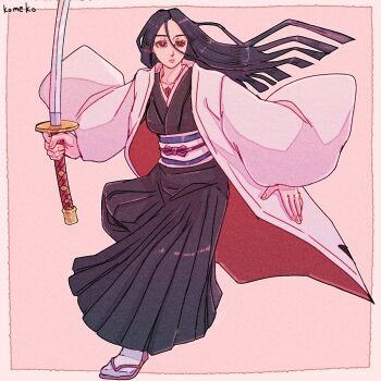 Rule 34 | 1girl, artist name, black hair, black hakama, black kimono, bleach, bleach: sennen kessen-hen, blunt ends, breasts, brown eyes, commentary request, full body, hair between eyes, hakama, haori, highres, holding, holding sword, holding weapon, japanese clothes, katana, kimono, komeko (strikek-lvvjm27), large breasts, long hair, obi, parted bangs, pink background, pink haori, sandals, sash, scar, scar on chest, shihakusho, socks, solo, sword, tabi, unohana retsu, weapon, white socks, wide sleeves