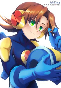 1boy artist_name ayla_kazemi blue_bodysuit blue_helmet bodysuit brown_hair commentary_request green_eyes helmet highres holding holding_unworn_helmet mega_man_(series) mega_man_battle_network_(series) megaman.exe short_hair simple_background solo unworn_headwear unworn_helmet watermark white_background