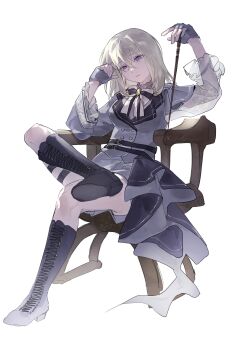1girl absurdres bang_dream! bang_dream!_it&#039;s_mygo!!!!! black_boots blonde_hair boots chair chinese_commentary commentary_request fingerless_gloves gloves grey_gloves grey_jacket grey_skirt hair_between_eyes highres jacket looking_at_viewer lu_bian_de_yecao_zai_changge medium_hair misumi_uika purple_eyes simple_background sitting skirt solo white_background
