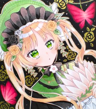 Rule 34 | 1girl, absurdres, akatsuki nea, black flower, black ribbon, black rose, blonde hair, commentary request, floral background, flower, green bonnet, green eyes, hair flower, hair ornament, hand fan, highres, holding, holding fan, leaf, lolita fashion, long hair, looking at viewer, mahou shoujo no majo saiban, neck ribbon, outline, ribbon, rose, solo, tono hanna, traditional media, twintails, upper body, white flower, white outline, yellow flower, yellow rose