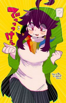 1girl ? adversarial_noise ahoge alternate_universe bandana bandana_around_neck black_pants border breasts chara_(facing_demons) chara_(undertale) chromatic_aberration circle_facial_mark closed_mouth commentary_request cropped_legs dot_nose double-parted_bangs emphasis_lines eyes_visible_through_hair facial_mark facing_demons genderswap genderswap_(otf) green_jacket hair_between_eyes hair_flaps hands_up highres hood hood_up hooded_jacket huge_ahoge jacket long_hair long_sleeves looking_at_breasts medium_breasts motion_lines mr0x0 multicolored_bandana open_clothes open_jacket outline pants purple_hair shirt simple_background solo speech_bubble standing storyshift thought_bubble translation_request turtleneck turtleneck_shirt undertale utdr_(toby_fox) white_shirt yellow_background