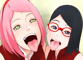 2girls age_difference ahegao black_hair blue_eyes boruto:_naruto_next_generations close-up face_focus facial_mark female_focus forehead_jewel glasses green_eyes haruno_sakura licking mother_and_daughter multiple_girls naruto_(series) open_mouth pink_hair red-framed_eyewear sahara_wataru short_hair smile source_request tongue tongue_out uchiha_sarada