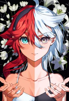 2girls absurdres ahoge aqua_eyes aquarius_(constellation) bare_shoulders black_dress black_hairband breasts cancer_(constellation) capricorn_(constellation) closed_mouth collarbone commentary constellation dress english_commentary eyelashes fingernails flower flower_request gashino grey_eyes grey_hair gundam gundam_suisei_no_majo hair_between_eyes hairband hand_up highres leo_(constellation) libra_(constellation) lily_(flower) long_hair looking_at_viewer medium_breasts miorine_rembran multiple_girls open_hand red_hair scorpius_(constellation) short_eyebrows sleeveless sleeveless_dress split_screen straight-on suletta_mercury thick_eyebrows upper_body virgo_(constellation) white_dress white_flower