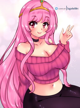 1girl adventure_time black_leggings blush breasts cartoon_network choker cleavage collarbone large_breasts leggings light_particles long_hair long_sleeves looking_at_viewer midriff navel off-shoulder_sweater off_shoulder pink_background pink_eyes pink_hair pink_sweater princess princess_bonnibel_bubblegum sitting smile sugarbell sweater tiara v