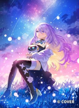 1girl ayame_(3103942) black_boots black_choker black_shirt black_shorts blonde_hair blue_bow blue_bowtie boots bow bowtie brooch choker collared_shirt colored_inner_hair commentary_request copyright_name dusk earrings fireflies full_body gradient_eyes gradient_hair grass high_heel_boots high_heels hololive hololive_indonesia hoop_earrings jacket jewelry long_hair long_sleeves looking_up moona_hoshinova moona_hoshinova_(1st_costume) moonabito_(moona_hoshinova) multicolored_eyes multicolored_hair off_shoulder official_art open_mouth outdoors purple_eyes purple_hair shirt short_shorts shorts single_earring sitting sky sleeveless sleeveless_shirt solo star_(sky) star_brooch starry_hair starry_sky swept_bangs thigh_boots two-tone_hair virtual_youtuber white_jacket wing_collar yellow_eyes