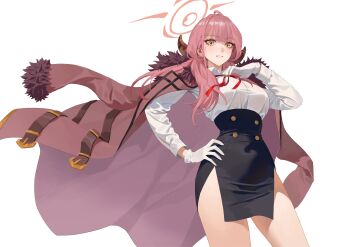 1girl aru_(blue_archive) black_skirt blue_archive blush breasts brown_horns coat coat_on_shoulders demon_horns fur-trimmed_coat fur_trim gloves halo hand_on_own_chest hand_on_own_hip hashtag-only_commentary high-waist_skirt highres hongcasso horns large_breasts long_hair long_sleeves looking_at_viewer low_horns neck_ribbon parted_lips pink_hair pink_halo red_coat red_ribbon ribbon shirt simple_background skirt solo white_background white_gloves white_shirt yellow_eyes
