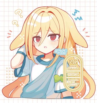 1boy ? afuro_terumi blonde_hair blush commentary_request cropped_torso double-parted_bangs grid_background hair_between_eyes hand_up highres inazuma_eleven inazuma_eleven_(series) long_hair male_focus open_mouth red_eyes shirocha_tei shirt short_sleeves solo twitter_username watermark white_background white_shirt