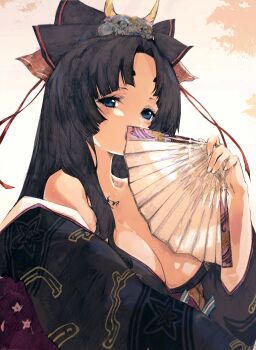 1girl black_hair blue_eyes breasts cleavage covering_own_mouth dark_skin folding_fan hair_ribbon hand_fan highres holding holding_fan japanese_clothes kimono kurohime_(rance) long_hair looking_at_viewer off_shoulder open_clothes open_kimono rance_(series) ribbon sengoku_rance simple_background solo tsutsugano