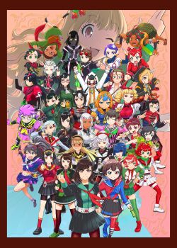 Rule 34 | 6+girls, breasts, character request, closed mouth, cosplay, female focus, gloves, highres, idolmaster, idolmaster cinderella girls, kamen rider, kamen rider (1st series), kamen rider agito, kamen rider agito (ground form), kamen rider amazons, kamen rider den-o, kamen rider den-o (sword form), kamen rider ghost, kamen rider ghost (series), kamen rider wizard (series), long hair, looking at viewer, matching hair/eyes, multiple girls, neo kamen rider, open mouth, purple eyes, purple hair, red eyes, red hair, shin kamen rider prologue, shirasaka koume, short hair, ueyama michirou