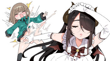 1boy 1girl arato_asato black_hair blush borrowed_character bottomless breasts brown_hair closed_eyes cum demon_girl demon_horns ejaculation elbow_gloves glasses gloves hand_on_own_head handjob horns indie_virtual_youtuber itou_life_(vtuber) jacket kanikama_(character) large_breasts long_hair mini_wings naoya_hitting_choso_without_looking_(meme) open_mouth original penis wings