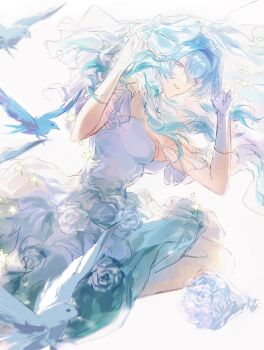 Rule 34 | 1girl, absurdres, alternate costume, bare shoulders, bird, blue eyes, breasts, cleavage, dress, firefly (honkai: star rail), gloves, gradient hair, grey hair, hair between eyes, happy, head tilt, headband, highres, honkai: star rail, honkai (series), large breasts, leaning to the side, long hair, looking at viewer, looking to the side, multicolored hair, parted lips, smile, solo, teeth, too many, too many birds, upper body, upper teeth only, wanyu22719, wavy hair, white background, white gloves