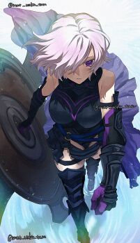 1girl abstract_background armlet armor armored_boots armored_dress armored_gloves armpit_peek armpits artist_name bare_shoulders black_armlet black_boots black_dress black_gloves blue_sash blue_skirt bob_cut boots breasts clenched_hand dress elbow_gloves facing_viewer fate/grand_order fate_(series) floating_clothes floating_hair gloves hair_over_one_eye highres holding holding_shield jewelry large_breasts looking_ahead mash_kyrielight mash_kyrielight_(demi-servant) mat_uskr_tam one_eye_covered pink_hair purple_eyes purple_gloves sash shield short_dress short_hair showgirl_skirt sidelocks signature skirt sleeveless sleeveless_dress solo striped_clothes striped_dress striped_gloves thigh_boots thigh_strap thighhighs thighs twitter_username two-tone_gloves vertical-striped_clothes vertical-striped_gloves waist_sash walking walking_on_liquid water white_background zettai_ryouiki