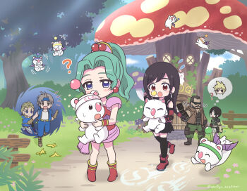 +++ 3girls 4boys ? asami_yutori bare_shoulders barret_wallace black_hair black_skirt black_thighhighs blonde_hair blue_eyes blue_headband blush boots brown_vest cloud_strife commentary_request dark-skinned_male dark_skin dress earrings edgar_roni_figaro elbow_gloves facial_hair final_fantasy final_fantasy_vi final_fantasy_vii final_fantasy_vii:_ever_crisis full_body gloves green_hair green_sweater grey_hair handcannon headband high_ponytail holding in-franchise_crossover jewelry locke_cole long_hair looking_at_another miniskirt moogle motion_lines multiple_boys multiple_girls mushroom notice_lines open_mouth outdoors parted_bangs ponytail portal_(object) red_boots red_dress red_eyes short_hair shoulder_pads single_earring skirt spiked_hair sunglasses sweater swept_bangs thighhighs tifa_lockhart tina_branford twitter_username vest yuffie_kisaragi zettai_ryouiki