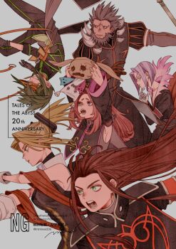 2girls 4boys absurdres anniversary arietta_(tales) arms_up asch_(tales) bare_shoulders black_gloves black_jacket black_sleeves black_tabard blonde_hair blue_eyes breasts closed_mouth commentary_request copyright_name detached_sleeves dist_(tales) eye_mask facial_hair from_side glasses gloves green_eyes green_hair hair_slicked_back high_ponytail highres jacket largo_(tales) legretta_(tales) long_hair mask medium_breasts mimixxx339 multiple_boys multiple_girls open_mouth parted_bangs pink_hair ponytail purple_hair red_hair short_hair shoulder_pads sitting sleeveless sync_(tales) tabard tales_of_(series) tales_of_the_abyss upper_body upside-down wide_sleeves