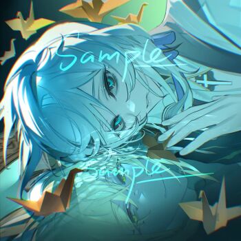 1boy 1girl aqua_eyes blonde_hair chinese_commentary couple cross dress floating bad_tag glowing glowing_eyes gradient_background green_background green_eyes hair_between_eyes highres honkai_(series) honkai_impact_3rd huabu308 image_sample kallen_kaslana leaning_to_the_side lofter_sample long_hair looking_at_viewer looking_to_the_side lying mirror on_side otto_apocalypse parted_lips reflection sample_watermark shade smug watermark white_hair