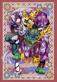 1boy animal_ears animal_feet animal_hands border chinese_zodiac claws clothing_cutout commentary_request dragon dragon_boy dragon_horns eastern_dragon eastern_dragon_horns egasumi fake_wings full_body green_hakama hakama highres hip_vent horns japanese_clothes ketaru long_hair looking_at_viewer male_focus mask mask_on_head monster_boy new_year original ornate_border purple_hair red_eyes slit_pupils solo wings year_of_the_dragon
