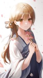 Rule 34 | 1girl, backlighting, blue dress, blush, brown eyes, brown hair, cherry blossoms, chinese clothes, closed mouth, collarbone, dress, falling petals, flower, hair ribbon, hair rings, hanfu, highres, holding, holding flower, langmal, long sleeves, looking at viewer, original, petals, pink flower, qixiong ruqun, ribbon, ruqun, simple background, smile, solo, standing, upper body, white background, white ribbon, white sleeves