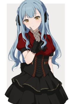Rule 34 | 1girl, absurdres, ascot, bang dream!, bang dream! it's mygo!!!!!, black ascot, black corset, black ribbon, black skirt, blue hair, border, commentary, corset, grey background, hair ribbon, highres, indoors, long hair, looking at viewer, merlin (mer71n), oblivionis (bang dream!), outside border, parted lips, puffy short sleeves, puffy sleeves, red shirt, ribbon, shirt, short sleeves, sidelocks, simple background, skirt, solo, togawa sakiko, white border