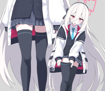 1girl adjusting_clothes adjusting_legwear black_skirt black_thighhighs blue_archive blue_necktie commentary_request grey_background hair_between_eyes halo highres jacket kei_(blue_archive) legs long_hair looking_at_viewer multiple_views necktie open_clothes open_jacket open_mouth pleated_skirt red_eyes red_halo simple_background skindentation skirt sleeves_past_wrists thighhighs unamaso very_long_hair white_hair white_jacket