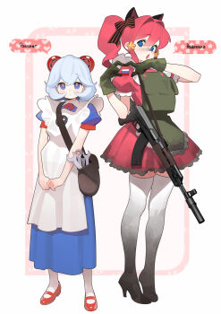 Rule 34 | 2girls, abbystea, animal ears, apron, assault rifle, blue dress, blue eyes, boots, cat ears, dress, gloves, green gloves, gun, hair intakes, heart, heart hands, high heels, highres, kalashnikov rifle, load bearing vest, multiple girls, open mouth, original, red dress, red hair, ribbon of saint george, rifle, russian flag, russian text, speech bubble, thigh boots, translation request, weapon, white hair, wrench