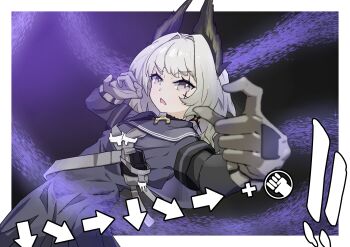 1girl absurdres arknights arrow_(symbol) black_shirt blurry buckle command_input commentary cowboy_shot cross cross_earrings cross_scar depth_of_field dutch_angle earrings english_commentary fighting_game fighting_stance foreshortening gloves grey_eyes grey_gloves grey_hair hair_intakes head_wings highres irene_(arknights) irene_(the_adjudicatrix_and_her_resolve)_(arknights) jewelry kushaaaa4 lace_trim latin_cross long_sleeves medium_hair outside_border scar scar_across_eye scar_on_face shirt solo turtleneck turtleneck_shirt wings