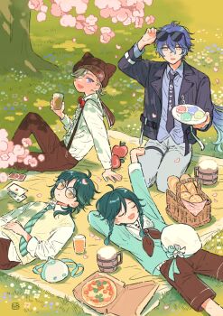 4boys adjusting_eyewear ahoge animal_bag apple aqua_hair arm_support bag beer_mug black_necktie blue_eyes bow bowtie braid bread brown_hat brown_neckerchief brown_pants brown_shorts card cherry_blossoms commentary_request cup day diagonal-striped_clothes diagonal-striped_necktie drinking_glass flins_(genshin_impact) flins_(spring_blossom_tales)_(genshin_impact) flower food fruit genshin_impact glasses grass hair_over_one_eye hand_on_own_stomach hat highres holding holding_cup holding_plate jacket lapels looking_at_viewer lying lyney_(genshin_impact) lyney_(spring_blossom_tales)_(genshin_impact) macaron mug multiple_boys neckerchief necktie official_alternate_costume on_back open_clothes open_jacket outdoors pants picnic picnic_basket picnic_blanket pink_flower pizza pizza_box plate playing_card red_bow red_bowtie revision round_eyewear seiza shiro_chan46 shirt_tucked_in shorts sitting striped_clothes striped_necktie sunglasses suspender_pants tree twin_braids venti_(genshin_impact) venti_(spring_blossom_tales)_(genshin_impact) xiao_(genshin_impact) xiao_(spring_blossom_tales)_(genshin_impact) yellow_eyes