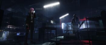 1girl 2boys absurdres asteroid_ill black_coat cellphone chinese_commentary cityscape coat commentary_request gun hair_between_eyes highres holding holding_gun holding_phone holding_weapon indoors lens_flare light_particles long_hair multiple_boys night original parted_lips phone purple_hair qr_code smartphone standing static translation_request ulna_(asteroid_ill) weapon yellow_eyes