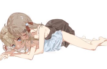 2girls absurdres ahoge black_chemise blue_chemise blue_eyes breasts broken_heart broken_heart_hair_ornament brown_hair chemise closed_eyes closed_mouth commentary_request evil_neuro-sama feet_out_of_frame from_side hair_between_eyes hair_ornament hair_ribbon heart highres hug incest lexingzi long_hair lying lying_on_person multiple_girls neuro-sama on_stomach red_ribbon ribbon siblings sideboob simple_background sisters skull_hair_ornament small_breasts smile twincest twins vedal_ai virtual_youtuber white_background yuri