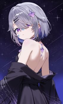1girl absurdres backless_dress backless_outfit bandaid bandaid_on_cheek bandaid_on_face bandaid_on_nose black_dress closed_mouth colored_inner_hair dress gem gem_hair_ornament grey_hair highres hololive hololive_english jewel_under_eye koseki_bijou material_growth median_furrow multicolored_hair oxidel purple_eyes purple_gemstone purple_hair solo star_(sky) starry_sky_background virtual_youtuber