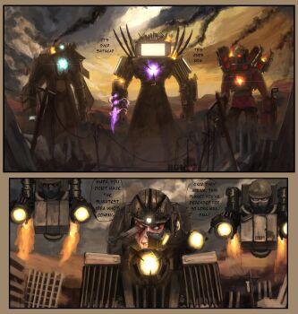 6+boys arm_cannon artist_name battle_damage black_clouds black_smoke burning camera cloud cloud_ruan99543 cloudy_sky commentary core corpse day dual_arm_cannons energy english_commentary english_text fire floating flying g-toilet glowing glowing_chest glowing_weapon highres impaled jetpack knife knife_in_eye knife_in_head looking_at_viewer metal_wings multiple_boys object_head object_through_head post-apocalypse ruins shoulder_spikes skibidi_toilet_(character) skibidi_toilet_(series) sky smoke smoke_trail speaker speech_bubble spikes stab television titan_camera_man titan_speaker_man titan_tv_man weapon wings wrist_blades