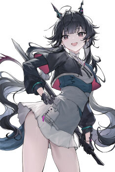 1girl :d arknights arknights:_endfield black_gloves black_hair black_jacket brown_eyes chen_qianyu_(arknights) contrapposto cowboy_shot cropped_jacket dragon_girl dragon_horns dragon_tail gloves hand_on_own_hip high-waist_skirt highres horns jacket lis_zhu_long long_hair long_sleeves looking_at_viewer open_clothes open_jacket open_mouth simple_background skirt smile solo tail teeth twintails upper_teeth_only very_long_hair white_background white_skirt
