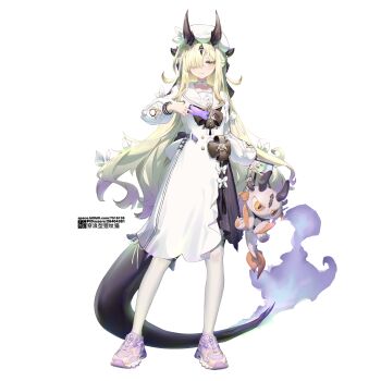 1girl absurdres arknights black_horns black_tail blonde_hair chinese_commentary choker closed_mouth commentary_request dress fire flame-tipped_tail full_body grey_shoes hair_over_one_eye hat highres holding horns liwendala long_sleeves looking_at_viewer multicolored_hair necrass_(arknights) one_eye_covered pantyhose pixiv_id purple_hair purple_shoes sailor_collar shoes smile sneakers solo standing tail two-tone_hair watermark web_address white_choker white_dress white_hat white_pantyhose white_sailor_collar