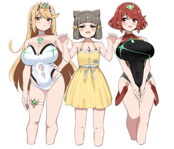 3girls breasts chest_jewel fried_bocky highres large_breasts multiple_girls mythra_(radiant_beach)_(xenoblade) mythra_(xenoblade) nia_(fancy_sundress)_(xenoblade) nia_(xenoblade) pyra_(pro_swimmer)_(xenoblade) pyra_(xenoblade) simple_background swimsuit white_background xenoblade_chronicles_(series) xenoblade_chronicles_2