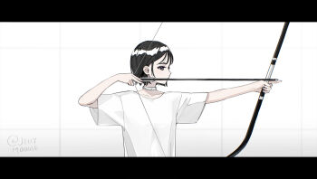 Rule 34 | 1girl, alien stage, arrow (projectile), black hair, bob cut, bow (weapon), choker, commentary, dress, english commentary, highres, holding, holding bow (weapon), holding weapon, letterboxed, manimani (vocaloid), mixed-language commentary, moonie, short hair, short sleeves, signature, solo, sua (alien stage), weapon, white choker, white dress